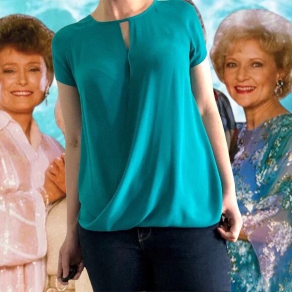 Cap-Sleeve Turquoise Chiffon Wrap Top with Keyhole Cutout